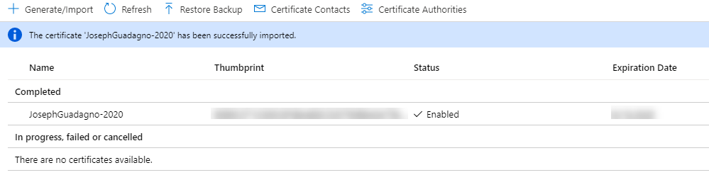 Setup Code Signing Certificates - Key Vault Successfully Imported Certificate