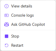 Aspire Dashboard - Actions Menu