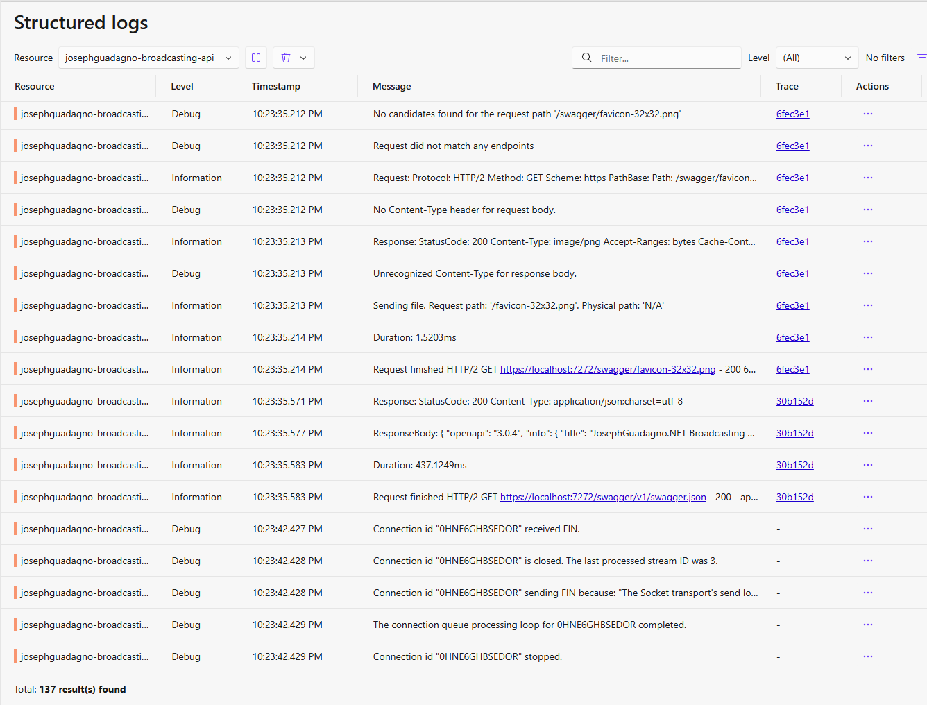 Aspire Dashboard - Structured Logs