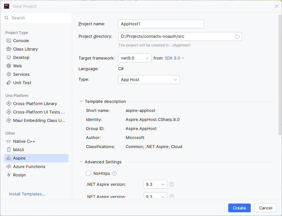 JetBrains Rider - Create Project - Aspire