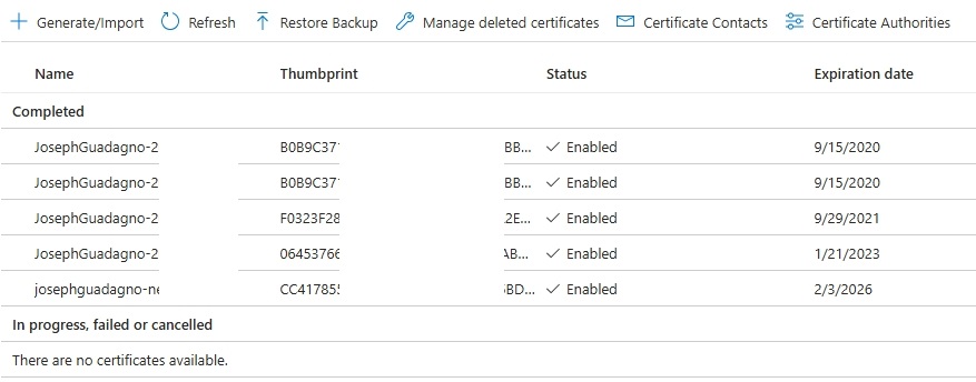 Certificate in Azure Key Vault
