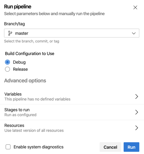 Build and Sign - Pipeline Run Dialog