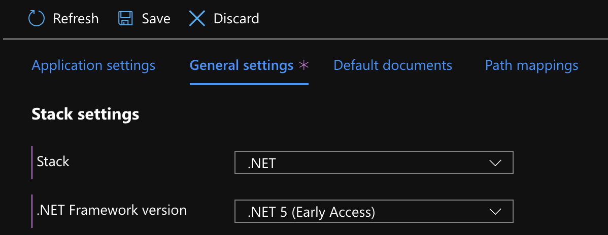 .NET 5 App Service Stack Settings